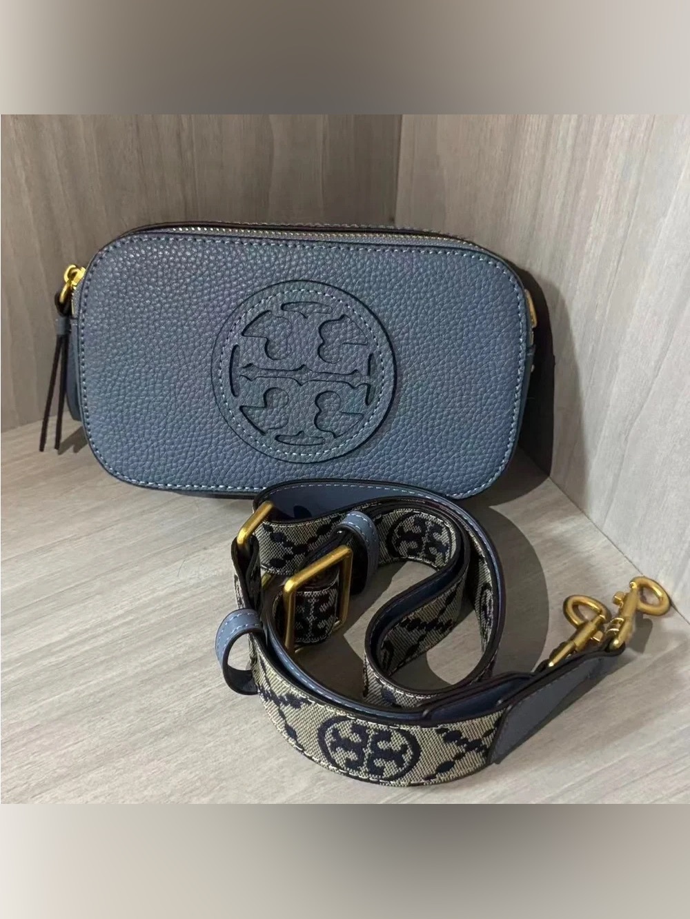 Tory Burch Blue Pebbled Leather Camera Crossbody with Patterned Strap